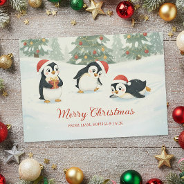 Cute Watercolor Penguins Christmas Forest Feestdagenkaart