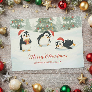 Cute Watercolor Penguins Christmas Forest Feestdagenkaart
