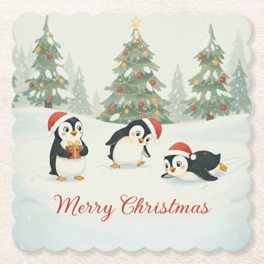 Cute Watercolor Penguins Christmas Forest Kartonnen Onderzetters (Voorkant)