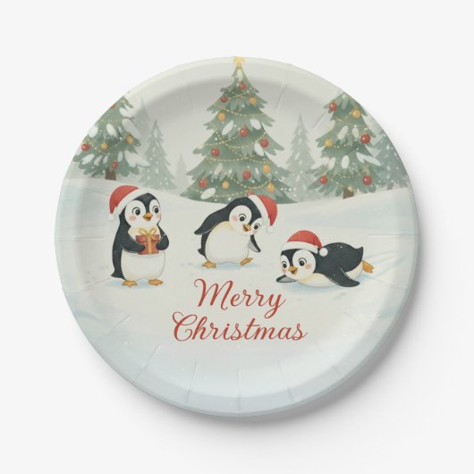 Cute Watercolor Penguins Christmas Forest Papieren Bordje (Voorkant)