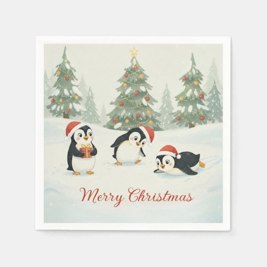 Cute Watercolor Penguins Christmas Forest Servet (Voorkant)