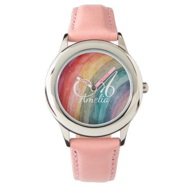 Cute Watercolor Personalized Rainbow  Horloge (Voorkant)