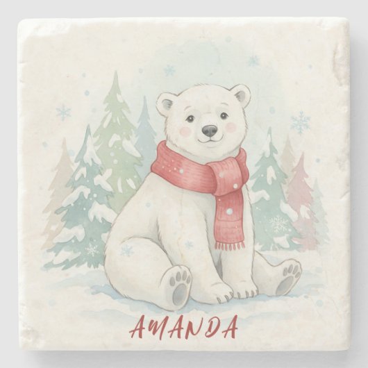 Cute watercolor Polar Bear Winter  Stenen Onderzetter (Voorkant)