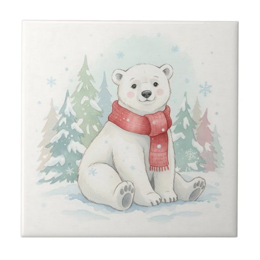 Cute Watercolor Polar Bear Winter  Tegeltje (Voorkant)