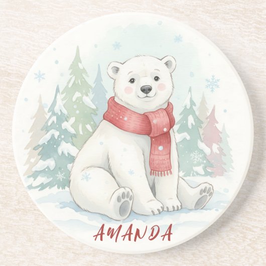 Cute watercolor Polar Bear Winter  Zandsteen Onderzetter (Voorkant)