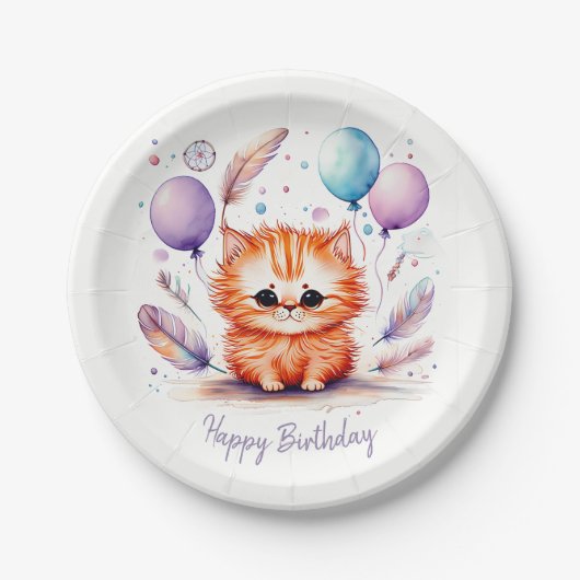 Cute Watercolor Red Kitten Balloons Birthday  Papieren Bordje (Voorkant)