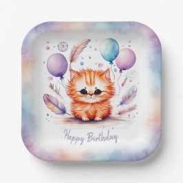 Cute Watercolor Red Kitten Balloons Birthday  Papieren Bordje