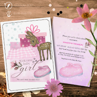 Cute Watercolor Ree en Roze Schoen Baby Uitnodigin Kaart