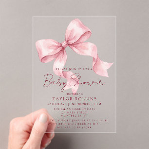 Cute Watercolor Roze Strikje Baby Shower Uitnodigi Acryl Uitnodigingen