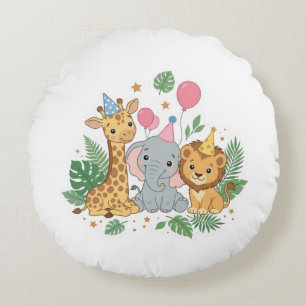 Cute Watercolor Safari Dieren Verjaardagsfeestje K Rond Kussen