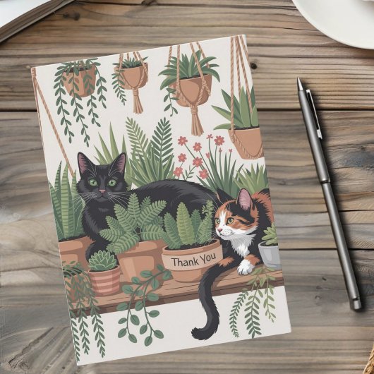 Cute Watercolor Script Botanical Cat Bedankkaart
