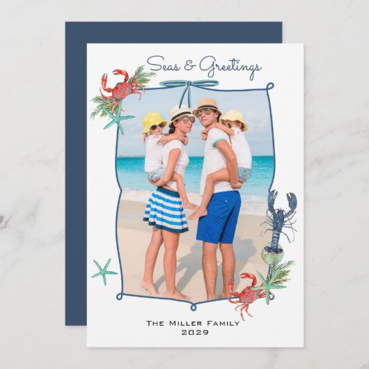 Cute Watercolor Seas and Greetings Photo Feestdagenkaart (Voorkant / Achterkant)