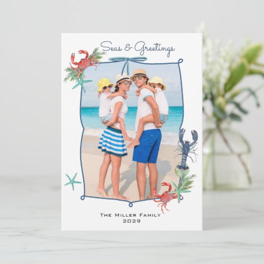 Cute Watercolor Seas and Greetings Photo Feestdagenkaart (Staand voorkant)