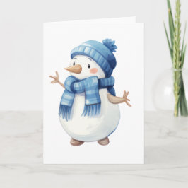 Cute Watercolor Sneeuwman met Blauwe Sjaal & Hoed Kaart