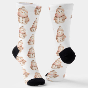 Cute Watercolor Sneeuwmannen Patroon Roze Wit Sokken