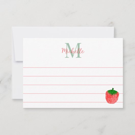 Cute Watercolor Strawberry Custom Lined Monogram Notitiekaartje (Voorkant)