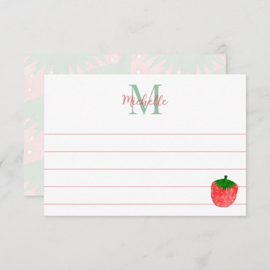 Cute Watercolor Strawberry Custom Lined Monogram Notitiekaartje (Voorkant / Achterkant)