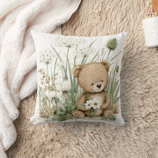 Cute Watercolor Teddy Bear with Wildflowers Kussen (Deken)