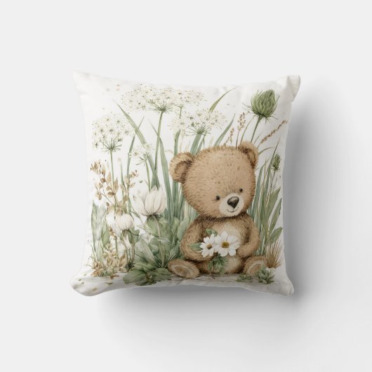Cute Watercolor Teddy Bear with Wildflowers Kussen (Voorkant)