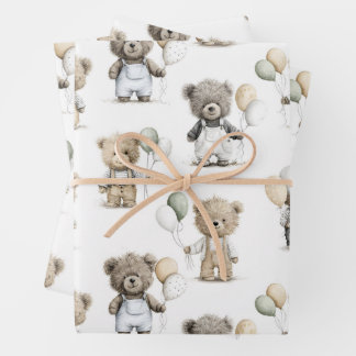 Cute Watercolor Teddy Bears with Balloons Inpakpapier Vel