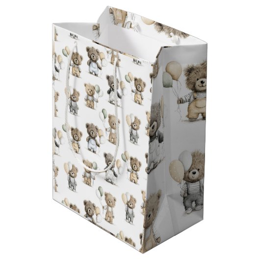 Cute Watercolor Teddy Bears with Balloons Medium Cadeauzakje (Achterkant Gekanteld)
