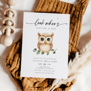 Cute Watercolor Uil Jongens Baby Shower Kaart