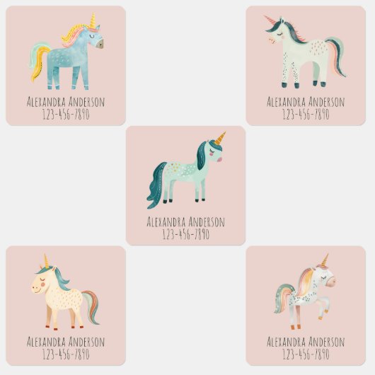 Cute Watercolor Unicorn Pink Girl Name Labels (Groep)