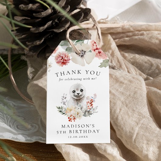 Cute Watercolor Verjaardagsfeestje met IJszeehond Cadeaulabel
