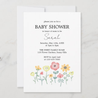 Cute Watercolor Wilde Bloemen Baby Shower Uitnodig Kaart