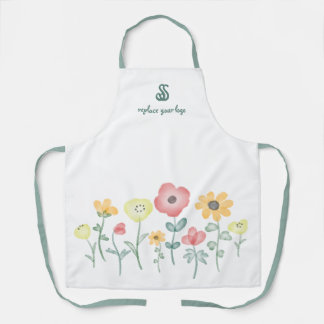 Cute Watercolor Wildflowers with Monogram Apron Schort