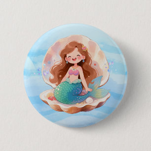 Cute Watercolor Zeemeermin Onder Zee Kunst Speld Ronde Button 5,7 Cm