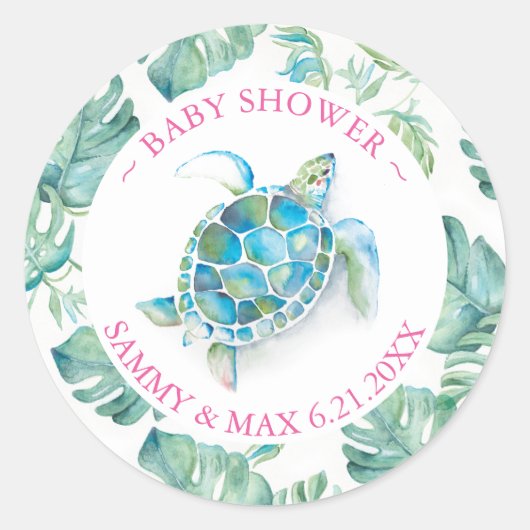 Cute Watercolor Zeeschildpad & Groene Favor Ronde Sticker (Voorkant)
