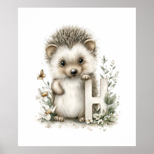 Cute Watercolour Baby Animals Alphabet Hedgehog Poster (Voorkant)