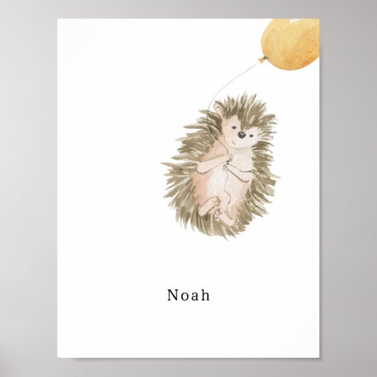 Cute Watercolour Hedgehog With Balloon Name Poster (Voorkant)