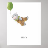 Cute Watercolour Hippo With Balloon Name Poster (Voorkant)