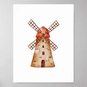 Cute Watercolour Mill Farm Windmill Poster