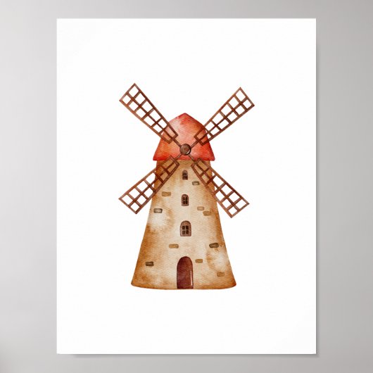Cute Watercolour Mill Farm Windmill Poster (Voorkant)