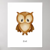 Cute Watercolour Owl Forest Animal Name Poster (Voorkant)