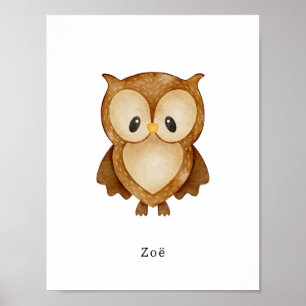 Cute Watercolour Owl Forest Animal Name Poster