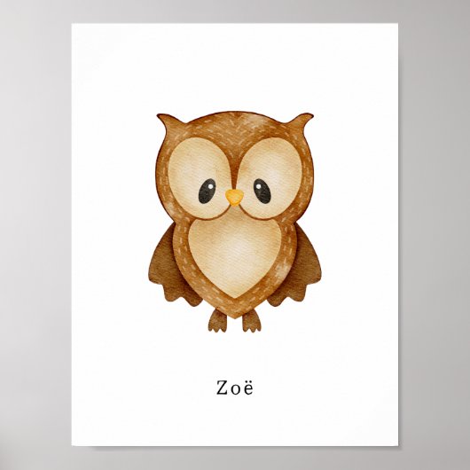 Cute Watercolour Owl Forest Animal Name Poster (Voorkant)