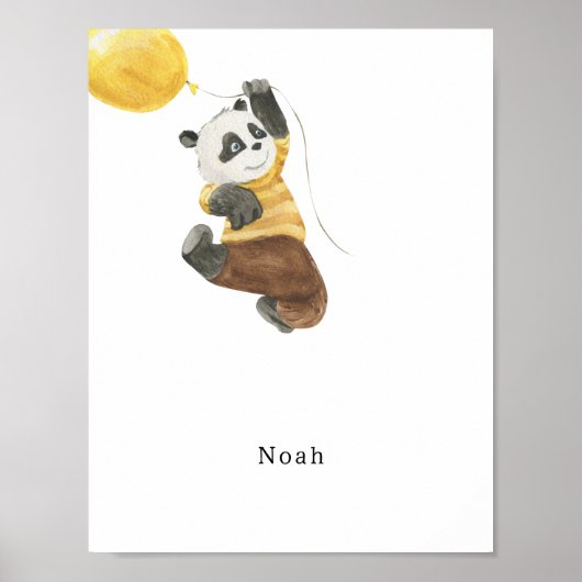 Cute Watercolour Panda With Balloon Name Poster (Voorkant)
