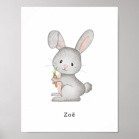 Cute Watercolour Rabbit With A Carrot Name Poster (Voorkant)