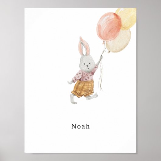 Cute Watercolour Rabbit With Balloons Name Poster (Voorkant)