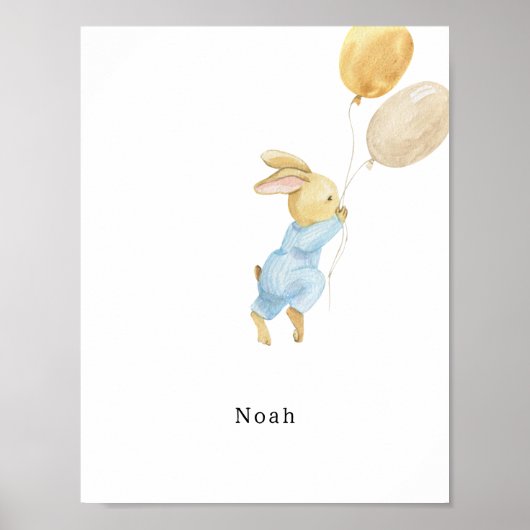 Cute Watercolour Rabbit With Balloons Name Poster (Voorkant)