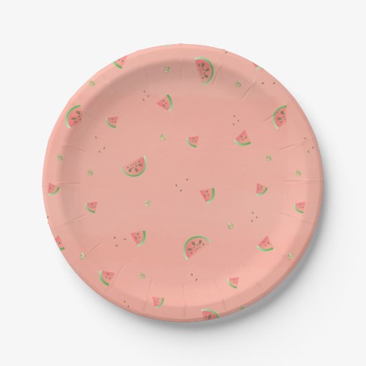 Cute Watermelon and Gold Sparkle Polka Dot Papieren Bordje (Voorkant)