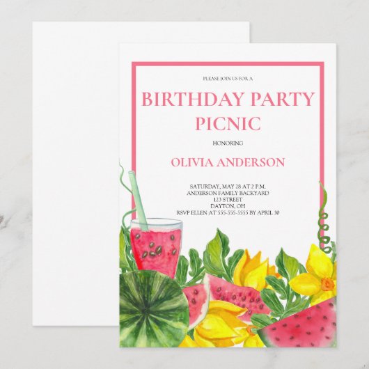 Cute Watermelon Birthday Party Picnic Kaart (Voorkant / Achterkant)