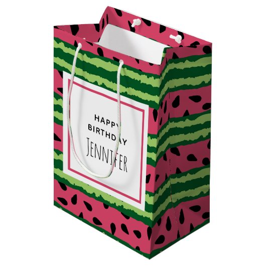 Cute Watermelon Pattern Pink & Green Birthday Medium Cadeauzakje (Voorkant Gekanteld)