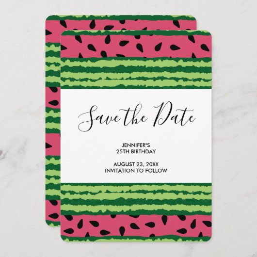 Cute Watermelon Pattern Pink & Green Birthday Save The Date (Voorkant / Achterkant)