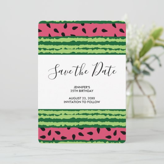 Cute Watermelon Pattern Pink & Green Birthday Save The Date (Staand voorkant)
