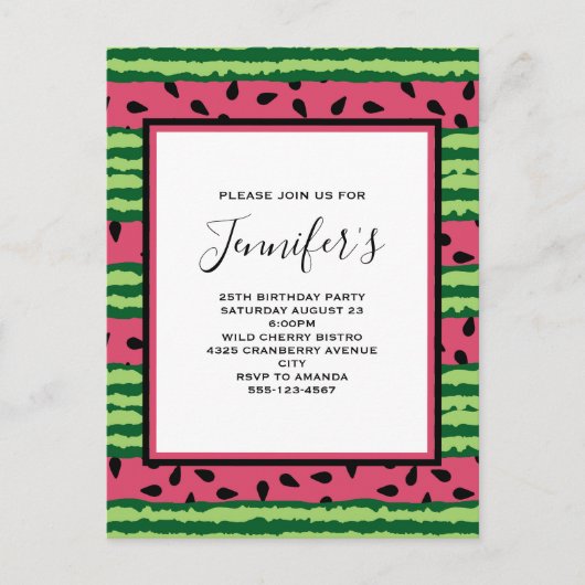 Cute Watermelon Pattern Pink & Green Birthday Uitnodiging Briefkaart (Voorkant)
